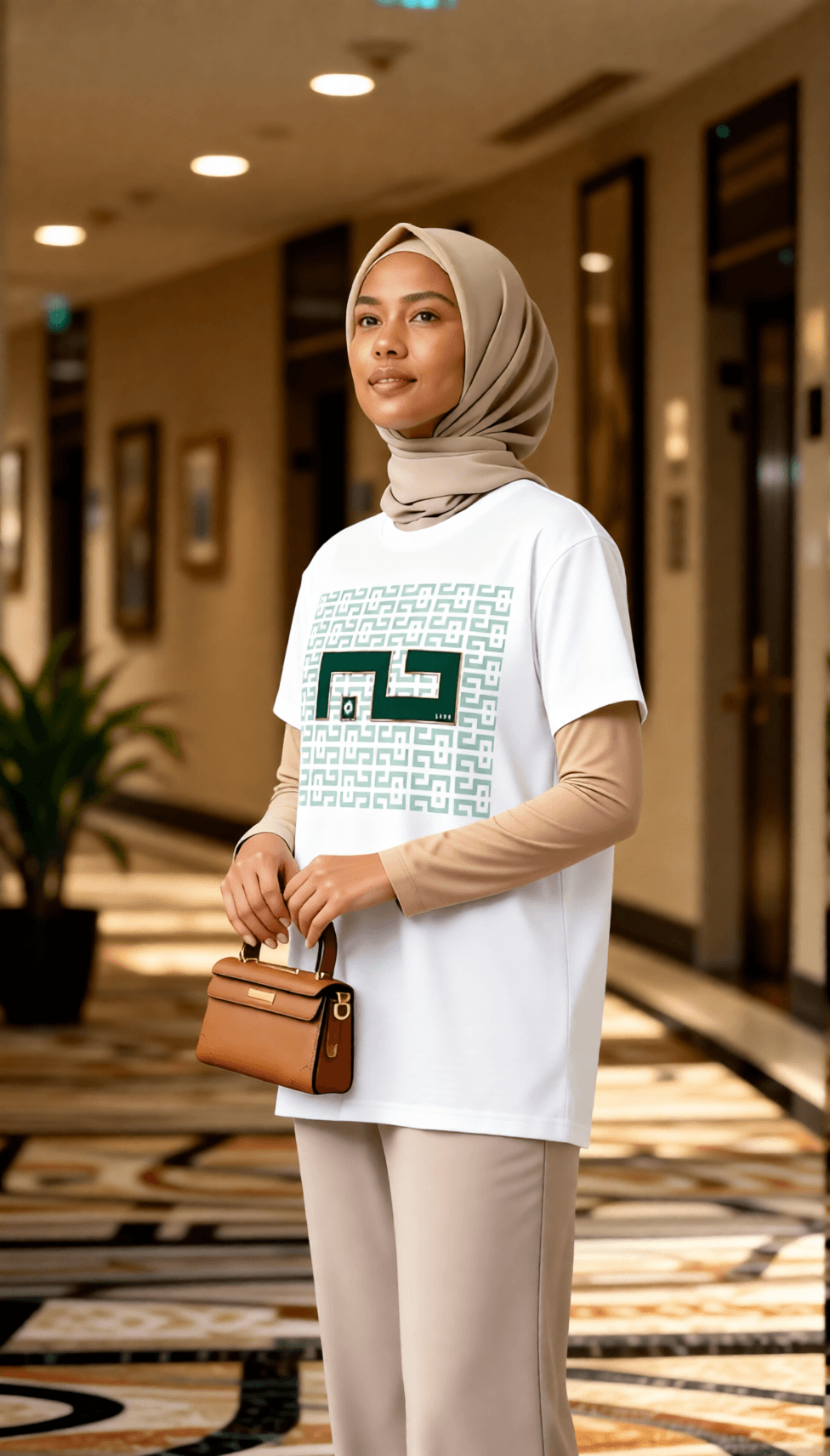Woman wearing Loyal Servants white oversized tee in luxury hotel