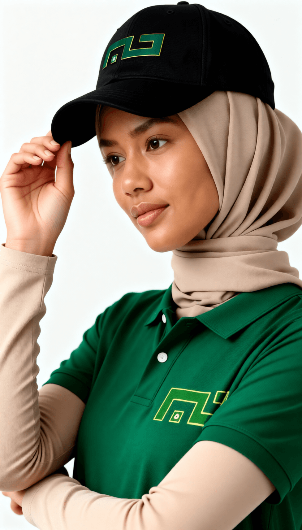 Woman in hijab wearing Loyal Servants green polo with cap