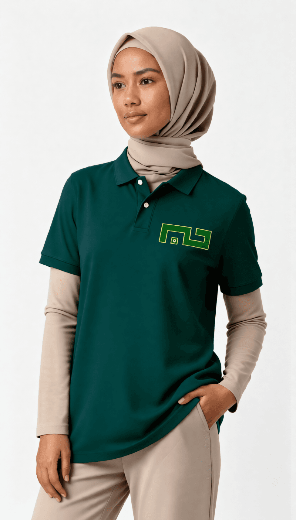 Woman in hijab wearing Loyal Servants green polo